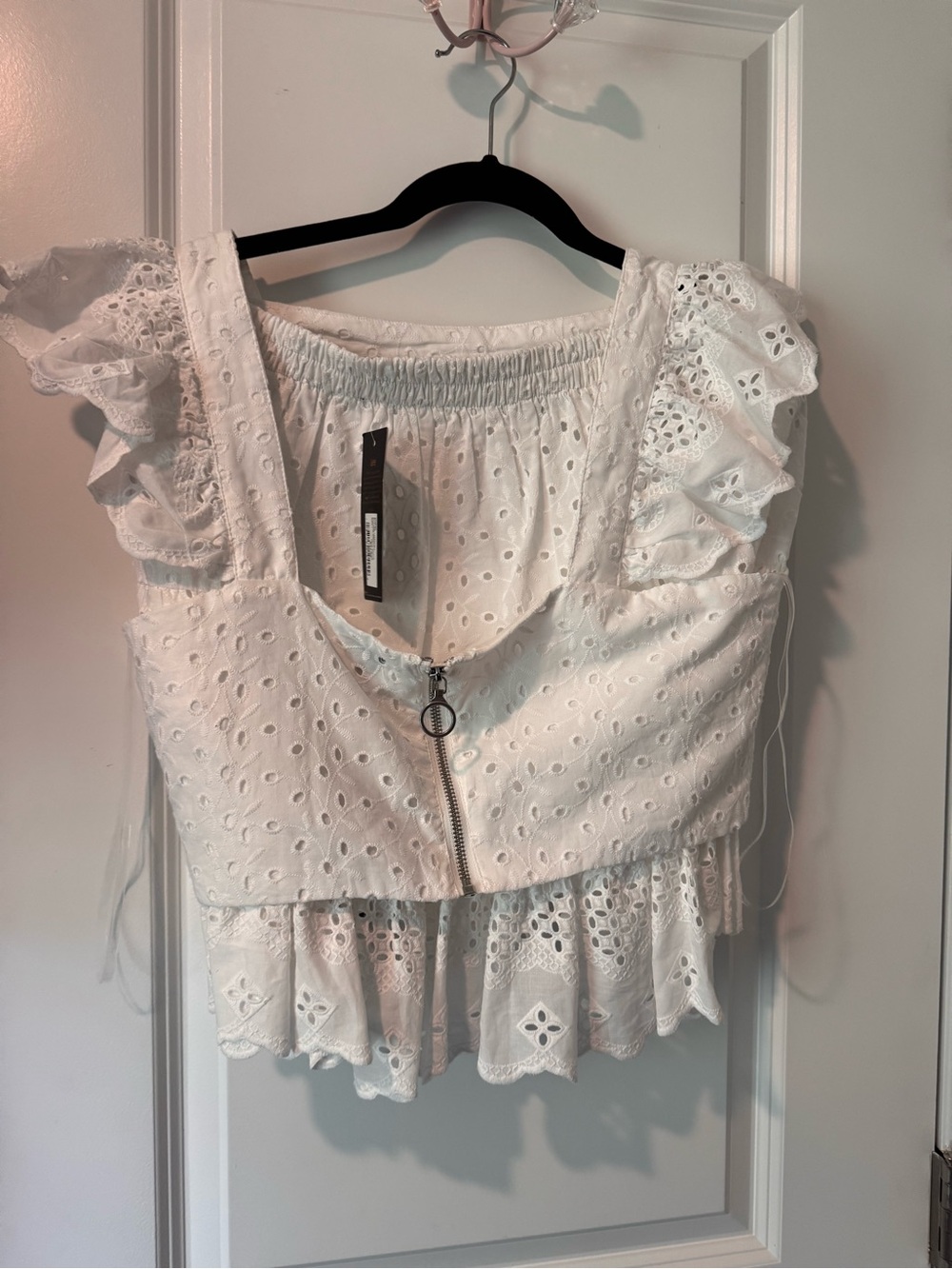 White Eyelet Ruffle Zip-Front Women's Skirt Set